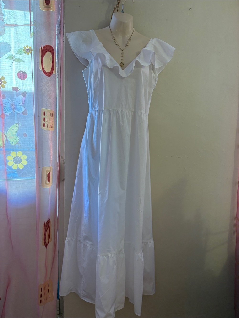 H by Halston White Ruffle V-Neck Maxi with Tiered Skirt. Cotton